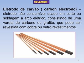 Eletrodo de carvão ( carbon electrodo) – eletrodo não consumível usado em corte ou soldagem a arco elétrico, consistindo de uma vareta de carbono ou grafite, que pode ser revestida com cobre ou outro revestimentos. 
SOLDAGEM 
39  