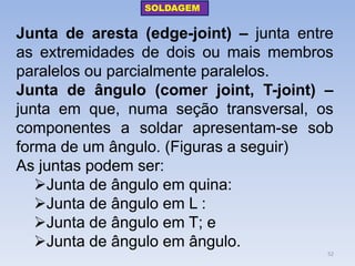 Junta de aresta (edge-joint) – junta entre as extremidades de dois ou mais membros paralelos ou parcialmente paralelos. 
Junta de ângulo (comer joint, T-joint) – junta em que, numa seção transversal, os componentes a soldar apresentam-se sob forma de um ângulo. (Figuras a seguir) 
As juntas podem ser: 
Junta de ângulo em quina: 
Junta de ângulo em L : 
Junta de ângulo em T; e 
Junta de ângulo em ângulo. 
SOLDAGEM 
52  