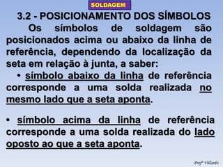 SOLDAGEM 
Profº Villardo 
3.2 - POSICIONAMENTO DOS SÍMBOLOS 
Os símbolos de soldagem são posicionados acima ou abaixo da linha de referência, dependendo da localização da seta em relação à junta, a saber: 
• símbolo abaixo da linha de referência corresponde a uma solda realizada no mesmo lado que a seta aponta. 
• símbolo acima da linha de referência corresponde a uma solda realizada do lado oposto ao que a seta aponta.  