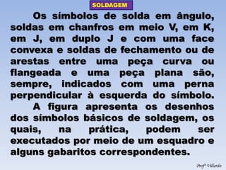 SOLDAGEM 
Profº Villardo 
Os símbolos de solda em ângulo, soldas em chanfros em meio V, em K, em J, em duplo J e com uma face convexa e soldas de fechamento ou de arestas entre uma peça curva ou flangeada e uma peça plana são, sempre, indicados com uma perna perpendicular à esquerda do símbolo. A figura apresenta os desenhos dos símbolos básicos de soldagem, os quais, na prática, podem ser executados por meio de um esquadro e alguns gabaritos correspondentes.  