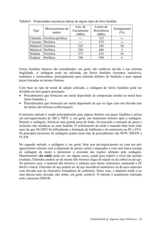 Soldabilidade de Algumas Ligas Metálicas - 18
Tabela 8 – Propriedades mecânicas típicas de alguns tipos de ferro fundido.
Tipo
Microestrutura da
matriz
Lim. de
Escoamento
(MPa)
Limite de
Resistência
(MPa)
Alongamento
(%)
Cinzento Ferrítica-perlítica --- 125 ---
Cinzento Perlítica --- 275 ---
Maleável Ferrítica 225 345 10
Maleável Perlítica 350 480 5
Nodular Ferrítica 275 415 18
Nodular Perlítica 380 550 6
Ferros fundidos brancos são considerados, em geral, não soldáveis devido à sua extrema
fragilidade. A soldagem pode ser utilizada, em ferros fundidos cinzentos, maleáveis,
nodulares e vermiculares, principalmente para eliminar defeitos de fundição e para reparar
peças trincadas ou mesmo fraturas.
Com base no tipo de metal de adição utilizado, a soldagem de ferros fundidos pode ser
dividida em dois grupos principais:
 Procedimentos que fornecem um metal depositado de composição similar ao metal base
(ferro fundido), e
 Procedimentos que fornecem um metal depositado de aço ou ligas com um elevado teor
de metais não ferrosos (cobre/níquel).
O primeiro método é usado principalmente para reparar defeitos em peças fundidas e utiliza
um pré-aquecimento de 300 a 700o
C e, em geral, um tratamento térmico após a soldagem.
Durante a soldagem, forma-se uma grande poça de fusão, favorecendo a remoção de gases e
inclusões não metálicas as zona fundida. O resfriamento da solda é mantido bem lento (não
mais do que 50-100o
C/h) dificultando a formação de ledeburita e de martensita na ZF e ZTA.
Os principais processos de soldagem usados neste tipo de procedimento são OFW, SMAW e
FCAW.
No segundo método, a soldagem é, em geral, feita sem pré-aquecimento ou com um pré-
aquecimento mínimo com a deposição de passes curtos e espaçados e com uma baixa energia
de soldagem de modo a minimizar a extensão das regiões afetadas pela soldagem.
Martelamento (da solda) pode ser, em alguns casos, usado para reduzir o nível das tensões
residuais. Eletrodos podem ser de metais não ferrosos (ligas de níquel ou de cobre) ou de aço.
No primeiro caso, o material não dissolve o carbono nem forma carbonetos, mantendo a ZF
dúctil e macia. Eletrodos de aço podem ser de aço inoxidável austenítico ou de aços especiais
com elevado teor de elementos formadores de carboneto. Neste caso, o depósito tende a ter
uma dureza mais elevada, não sendo, em geral, usinável. O método é usualmente realizado
com o processo SMAW.
 