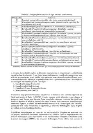 Soldabilidade de Algumas Ligas Metálicas - 20
Tabela 11 – Designação da condição de ligas tratáveis termicamente.
Designação Condição
-O Recozido (para produtos recozidos até o maior amaciamento possível).
-F Como fabricado (para produtos processados sem um controle específico das
condições de fabricação).
-W Solubilizado (para produtos submetidos ao tratamento de solubilização).
-T1* Envelhecido (Produto resfriado da temperatura de trabalho a quente e
envelhecido naturalmente até uma condição bem estável).
-T2* Envelhecido (Produto resfriado da temperatura de trabalho a quente, encruado
e envelhecido naturalmente até uma condição bem estável).
-T3* Envelhecido (Produto solubilizado, encruado e envelhecido naturalmente até
uma condição bem estável).
-T4* Envelhecido (Produto solubilizado e envelhecido naturalmente até uma
condição bem estável).
-T5* Envelhecido (Produto resfriado da temperatura de trabalho a quente e
envelhecido artificialmente).
-T6* Envelhecido (Produto solubilizado e envelhecido artificialmente).
-T7* Envelhecido (Produto solubilizado e envelhecido artificialmente até uma
condição além da de resistência máxima).
-T8* Envelhecido (Produto solubilizado, encruado e envelhecido artificialmente).
-T9* Envelhecido (Produto solubilizado, envelhecido artificialmente e encruado).
-T10* Envelhecido (Produto resfriado da temperatura de trabalho a quente, encruado
e envelhecido artificialmente).
* Dígitos (o primeiro diferente de zero) colocados após estas designações indicam variações do tratamento.
A presente discussão não engloba as diferentes características e, em particular, a soldabilidade
das várias ligas de alumínio. O que é aqui apresentado deve ser considerado apenas como uma
série de recomendações gerais válidas principalmente para o alumínio comercialmente puro.
O alumínio apresenta diferenças de propriedades físicas e químicas que levam a diferenças de
sua soldagem em comparação com a dos aços:
1. Elevada afinidade pelo oxigênio.
2. Elevada condutividade térmica.
3. Elevado coeficiente de expansão térmica.
4. Baixo ponto de fusão (660ºC).
O alumínio reage prontamente com o oxigênio do ar formando uma camada superficial de
óxido cujo ponto de fusão (2000ºC) é muito superior ao do alumínio e que, durante a
soldagem, pode formar uma barreira física impedindo o contato e mistura do metal base
fundido e do metal de adição e formando inclusões na solda. Adicionalmente, a medida que se
torna mais expressa, a camada de óxido absorve umidade do ar. Na soldagem, esta umidade,
juntamente com outras contaminações superficiais, é uma fonte de hidrogênio capaz de gerar
porosidade na zona fundida de alumínio.
O óxido de alumínio pode ser removido por meios químicos (limpeza por solventes e/ou
decapagem), mecânicos (lixamento, escovamento, etc) elétricos (ação de limpeza catódica do
arco) ou metalúrgicos (ação escorificante de um fluxo durante a soldagem). Esta última forma
é comum na soldagem SMAW e em processos de brasagem. Como o fluxo para alumínio é
 