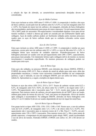 Soldabilidade de Algumas Ligas Metálicas - 6
a seleção do tipo de eletrodo, as características operacionais desejadas devem ser
consideradas.
Aços de Médio Carbono
Estes aços incluem as séries AISI entre C-1030 e C-1050. A composição é similar a dos aços
de baixo carbono, exceto pelo teor de carbono entre 0,3 e 0,5% e o teor de manganês entre 0,6
e 1,65%. Em função do maior teor de carbono e de manganês, eletrodos de baixo hidrogênio
são recomendados, particularmente para peças de maior espessura. Um pré-aquecimento entre
150 e 260ºC pode ser necessário. Pós-aquecimento é recomendado algumas vezes para aliviar
tensões residuais e reduzir a dureza que pode ser causada por um resfriamento rápido após
soldagem. Aços de médio carbono podem ser facilmente soldados pelos mesmos processos
usados para os aços de baixo carbono desde que os cuidados colocados acima sejam
observados.
Aços de Alto Carbono
Estes aços incluem as séries AISI entre C-1050 e C-1095. A composição é similar aos aços
anteriores, exceto pelo teor de carbono entre 0,5 e 1,03% e o teor de Mn entre 0,3 e 1,0%. A
soldagem destes aços necessita de cuidados especiais. Eletrodos/processos de baixo
hidrogênio precisam ser usados com um pré-aquecimento entre 200 e 320ºC, especialmente,
para peças mais pesadas. Um tratamento térmico após soldagem (alívio de tensões ou mesmo
recozimento) é usualmente especificado. Os mesmos processos de soldagem podem ser
usados para estes aços.
Aços de Baixa Liga
Estes aços são soldados, no processo SMAW, com eletrodos das classes E80XX, E90XX e
E100XX da norma AWS A5.5. Para a seleção do metal de adição para estes aços, além das
propriedades mecânicas, é muitas vezes necessário considerar detalhes de sua composição
química, o que é indicado, no caso da soldagem SMAW, por um sufixo de letras e dígitos
(tabela 4). Apresentam-se, a seguir, exemplos de alguns destes aços.
Aços de Baixa Liga ao Níquel
Incluem os aços das séries AISI 2315, 2515 e 2517. Teores de carbono variam entre 0,12 e
0,3%, de manganês entre 0,4 e 0,6%, de silício entre 0,2 e 0,45% e de níquel entre 3,25 e
5,25%. Pré-aquecimento não é necessário para %C < 0,15, exceto para juntas de grande
espessura. Para maiores teores de carbono, um pré-aquecimento de até 260ºC deve ser usado,
embora para juntas de menos de cerca de 7 mm, este possa ser dispensado. Alívio de tensões
após soldagem é recomendável. Na soldagem SMAW, eletrodos de baixo hidrogênio com
sufixo C1 ou C2 (tabela 4) devem ser usados dependendo do teor de níquel do metal base.
Aços de Baixa Liga ao Manganês
Este grupo inclui os tipos AISI 1320, 1330, 1335, 1340 e 1345. Nestes aços, o teor de carbono
varia de 0,18 a 0,48%, de manganês entre 1,6 e 1,9% e de silício entre 0,2 e 0,35%. Pré-
aquecimento não é necessário para os menores teores de C e Mn. Para C > 0,25%, um pré-
aquecimento entre 120 e 150ºC é necessário. Para maiores teores de C e Mn e para juntas de
grande espessura, a temperatura de pré-aquecimento pode atingir 300ºC, sendo recomendado
o uso de alívio de tensões. Eletrodos E80XX e E90XX com sufixo A1, D1 e D2 devem ser
usados.
 
