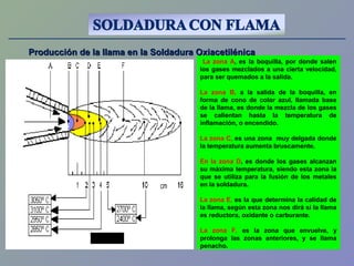 La zona A, es la boquilla, por donde salen
los gases mezclados a una cierta velocidad,
para ser quemados a la salida.
La zona B, a la salida de la boquilla, en
forma de cono de color azul, llamada base
de la llama, es donde la mezcla de los gases
se calientan hasta la temperatura de
inflamación, o encendido.
La zona C, es una zona muy delgada donde
la temperatura aumenta bruscamente.
En la zona D, es donde los gases alcanzan
su máxima temperatura, siendo esta zona la
que se utiliza para la fusión de los metales
en la soldadura.
La zona E, es la que determina la calidad de
la llama, según esta zona nos dirá si la llama
es reductora, oxidante o carburante.
La zona F, es la zona que envuelve, y
prolonga las zonas anteriores, y se llama
penacho.
Producción de la llama en la Soldadura OxiacetilénicaProducción de la llama en la Soldadura Oxiacetilénica
 