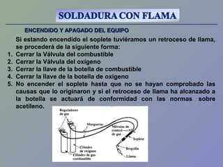 ENCENDIDO Y APAGADO DEL EQUIPOENCENDIDO Y APAGADO DEL EQUIPO
Si estando encendido el soplete tuviéramos un retroceso de llama,
se procederá de la siguiente forma:
1. Cerrar la Válvula del combustible
2. Cerrar la Válvula del oxígeno
3. Cerrar la llave de la botella de combustible
4. Cerrar la llave de la botella de oxígeno
5. No encender el soplete hasta que no se hayan comprobado las
causas que lo originaron y si el retroceso de llama ha alcanzado a
la botella se actuará de conformidad con las normas sobre
acetileno.
 