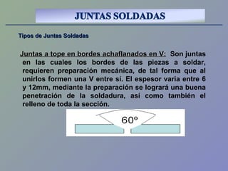 Tipos de Juntas SoldadasTipos de Juntas Soldadas
Juntas a tope en bordes achaflanados en V:Juntas a tope en bordes achaflanados en V: Son juntas
en las cuales los bordes de las piezas a soldar,
requieren preparación mecánica, de tal forma que al
unirlos formen una V entre sí. El espesor varia entre 6
y 12mm, mediante la preparación se logrará una buena
penetración de la soldadura, así como también el
relleno de toda la sección.
 