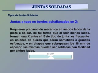 Tipos de Juntas SoldadasTipos de Juntas Soldadas
Juntas a tope en bordes achaflanados en X:
Requieren preparación mecánica en ambos lados de la
pieza a soldar, de tal forma que al unir dichos lados,
formen una X entre sí. Este tipo de junta es frecuente
en uniones de piezas que serán sometidas a grandes
esfuerzos, y en chapas que sobrepasan los 18 mm de
espesor, las mismas pueden ser soldadas con facilidad
por ambos lados.
 
