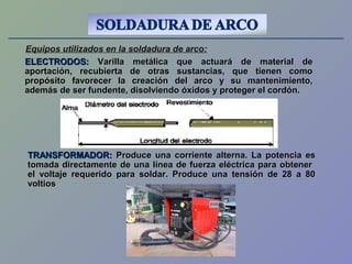 Equipos utilizados en la soldadura de arco:
ELECTRODOS:ELECTRODOS: Varilla metálica que actuará de material deVarilla metálica que actuará de material de
aportación, recubierta de otras sustancias, que tienen comoaportación, recubierta de otras sustancias, que tienen como
propósito favorecer la creación del arco y su mantenimiento,propósito favorecer la creación del arco y su mantenimiento,
además de ser fundente, disolviendo óxidos y proteger el cordón.además de ser fundente, disolviendo óxidos y proteger el cordón.
TRANSFORMADOR:TRANSFORMADOR: Produce una corriente alterna. La potencia esProduce una corriente alterna. La potencia es
tomada directamente de una línea de fuerza eléctrica para obtenertomada directamente de una línea de fuerza eléctrica para obtener
el voltaje requerido para soldar. Produce una tensión de 28 a 80el voltaje requerido para soldar. Produce una tensión de 28 a 80
voltiosvoltios
 