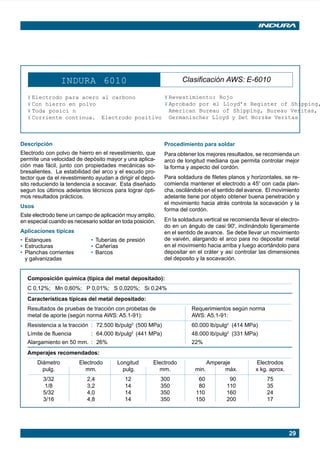 29
INDURA 6010 Clasificación AWS: E-6010
¥ Electrodo para acero al carbono
¥ Con hierro en polvo
¥ Toda posici n
¥ Corriente continua. Electrodo positivo
¥ Revestimiento: Rojo
¥ Aprobado por el Lloyd’s Register of Shipping,
American Bureau of Shipping, Bureau Veritas,
Germanischer Lloyd y Det Norske Veritas
Descripción
Electrodo con polvo de hierro en el revestimiento, que
permite una velocidad de depósito mayor y una aplica-
ción mas fácil, junto con propiedades mecánicas so-
bresalientes. La estabilidad del arco y el escudo pro-
tector que da el revestimiento ayudan a dirigir el depó-
sito reduciendo la tendencia a socavar. Esta diseñado
segun los últimos adelantos técnicos para lograr ópti-
mos resultados prácticos.
Usos
Este electrodo tiene un campo de aplicación muy amplio,
en especial cuando es necesario soldar en toda posición.
Aplicaciones típicas
• Estanques • Tuberías de presión
• Estructuras • Cañerías
• Planchas corrientes • Barcos
y galvanizadas
Procedimiento para soldar
Para obtener los mejores resultados, se recomienda un
arco de longitud mediana que permita controlar mejor
la forma y aspecto del cordón.
Para soldadura de filetes planos y horizontales, se re-
comienda mantener el electrodo a 45º con cada plan-
cha, oscilándolo en el sentido del avance. El movimiento
adelante tiene por objeto obtener buena penetración y
el movimiento hacia atrás controla la socavación y la
forma del cordón.
En la soldadura vertical se recomienda llevar el electro-
do en un ángulo de casi 90º, inclinándolo ligeramente
en el sentido de avance. Se debe llevar un movimiento
de vaivén, alargando el arco para no depositar metal
en el movimiento hacia arriba y luego acortándolo para
depositar en el cráter y así controlar las dimensiones
del deposito y la socavación.
Composición química (típica del metal depositado):
C 0,12%; Mn 0,60%; P 0,01%; S 0,020%; Si 0,24%
Características típicas del metal depositado:
Resultados de pruebas de tracción con probetas de Requerimientos según norma
metal de aporte (según norma AWS: A5.1-91): AWS: A5.1-91:
Resistencia a la tracción : 72.500 lb/pulg2
(500 MPa) 60.000 lb/pulg2
(414 MPa)
Límite de fluencia : 64.000 lb/pulg2
(441 MPa) 48.000 lb/pulg2
(331 MPa)
Alargamiento en 50 mm. : 26% 22%
Amperajes recomendados:
Diámetro Electrodo Longitud Electrodo Amperaje Electrodos
pulg. mm. pulg. mm. min. máx. x kg. aprox.
3/32 2,4 12 300 60 90 75
1/8 3,2 14 350 80 110 35
5/32 4,0 14 350 110 160 24
3/16 4,8 14 350 150 200 17
Manual pag 025-073 ok 1/10/02, 18:5829
 