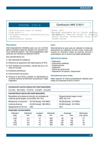 31
INDURA 230-S Clasificación AWS: E-6011
¥ Electrodo para acero al carbono
¥ Toda posici n
¥ Corriente continua. Electrodo positivo. Corrien-
te Alterna
¥ Revestimiento: Blanco
¥ Punto: Azul
¥ Aprobado anualmente por el Lloyd’s Register
of Shipping, American Bureau of Shipping,
Bureau Veritas, Germanischer Lloyd y Det
Norske Veritas
Descripción
Está especialmente diseñado para uso con corriente
alterna, también puede ser utilizado con corriente con-
tinua, electrodo positivo. Sus otras propiedades y apli-
caciones son similares al electrodo E-6010.
Sus características son:
1. Alta velocidad de soldadura.
2. Eficiencia de deposición del metal superior al 70%.
3. Gran facilidad de encendido, manejo del arco y fir-
meza en la copa.
4. Excelente penetración.
5. Fácil remoción de escoria.
6. Produce un arco firme y estable, no afectándolo en
corriente continua el fenómeno conocido por “soplo
magnético”.
Usos
Este electrodo es apto para ser utilizado en todas las
aplicaciones de soldadura de acero dulce, sobre todo
cuando es necesario soldar en posición vertical o
sobrecabeza, por su escoria de rápida solidificación.
Aplicaciones típicas
• Estanques
• Estructuras metálicas
• Embarcaciones
• Calderería
• Obras de construcción
• Reparación de piezas y maquinarias
Procedimiento para soldar
Debe seguirse el mismo procedimiento utilizado para
soldar con electrodo E-6010 o E-6011.
Composición química (típica) del metal depositado:
C 0,10%; Mn 0,55%; P 0,01%; S 0,02%; Si 0,24%
Características típicas del metal depositado:
Resultados de pruebas de tracción con probetas de Requerimientos según norma
metal de aporte (según norma AWS: A5.1-91): AWS: A5.1-91:
Resistencia a la tracción : 65.700 lb/pulg2
(453 MPa) 60.000 lb/pulg2
(414 MPa)
Límite de fluencia : 55.000 lb/pulg2
(384 MPa) 48.000 lb/pulg2
(331 MPa)
Alargamiento en 50 mm. : 29% 22%
Amperajes recomendados:
Diámetro Electrodo Longitud Electrodo Amperaje Electrodos
pulg. mm. pulg. mm. min. máx. x kg. aprox.
3/32 2,4 12 300 50 90 77
1/8 3,2 14 350 80 120 37
5/32 4,0 14 350 120 160 26
3/16 4,8 14 350 140 220 18
Manual pag 025-073 ok 1/10/02, 18:5831
 