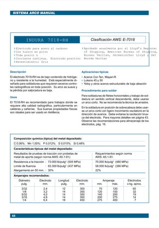 44
SISTEMA ARCO MANUAL
INDURA 7018-RH Clasificación AWS: E-7018
¥ Electrodo para acero al carbono
¥ Con hierro en polvo
¥ Toda posici n
¥ Corriente continua. Electrodo positivo
¥ Revestimiento: Gris
¥ Aprobado anualmente por el Lloyd’s Register
of Shipping, American Bureau of Shipping,
Bureau Veritas, Germanischer Lloyd y Det
Norske Veritas
Descripción
El electrodo 7018-RH es de bajo contenido de hidróge-
no y resistente a la humedad. Está especialmente di-
señado para soldaduras que requieren severos contro-
les radiográficos en toda posición. Su arco es suave y
la pérdida por salpicadura es baja.
Usos
El 7018-RH es recomendado para trabajos donde se
requiere alta calidad radiográfica, particularmente en
calderas y cañerías. Sus buenas propiedades físicas
son ideales para ser usado en Astilleros.
Composición química (típica) del metal depositado:
C 0,06%; Mn 1,00%; P 0,012%; S 0,015%; Si 0,48%
Características típicas del metal depositado:
Resultados de pruebas de tracción con probetas de Requerimientos según norma
metal de aporte (según norma AWS: A5.1-91): AWS: A5.1-91:
Resistencia a la tracción : 73.000 lb/pulg2
(505 MPa) 70.000 lb/pulg2
(480 MPa)
Límite de fluencia : 63.300 lb/pulg2
(437 MPa) 58.000 lb/pulg2
(390 MPa)
Alargamiento en 50 mm. : 30% 22%
Amperajes recomendados:
Diámetro Electrodo Longitud Electrodo Amperaje Electrodos
pulg. mm. pulg. mm. min. máx. x kg. aprox.
3/32 2,4 12 300 70 120 65
1/8 3,2 14 350 120 150 32
5/32 4,0 14 350 140 200 19
3/16 4,8 14 350 200 275 14
1/4 6,4 18 450 275 400 7
Aplicaciones típicas
• Aceros Cor-Ten, Mayari-R
• Lukens 45 y 50
• Yoloy y otros aceros estructurales de baja aleación
Procedimiento para soldar
Para soldaduras de filetes horizontales y trabajo de sol-
dadura en sentido vertical descendente, debe usarse
un arco corto. No se recomienda la técnica de arrastre.
En la soldadura en posición de sobrecabeza debe usar-
se un arco corto con ligero movimiento oscilatorio en la
dirección de avance. Debe evitarse la oscilación brus-
ca del electrodo. Para mayores detalles ver página 43.
Observe las recomendaciones para almacenaje de los
electrodos, pág. 16.
Manual pag 025-073 ok 1/10/02, 18:5844
 