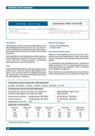 46
SISTEMA ARCO MANUAL
INDURA 8018-B2 Clasificación AWS: E-8018-B2
¥ Electrodo de baja aleaci n y bajo contenido de
Hidr geno
¥ Con hierro en polvo
¥ Toda posici n
¥ Corriente continua, electrodo positivo
¥ Excelente calidad radiogr fica
Descripción
Este electrodo de bajo contenido de Hidrógeno, es apto
para soldaduras en toda posición con CC. Su bajo con-
tenido de Hidrógeno previene la fisuración del cordón y
la zona afectada térmicamente, al soldar aceros de alta
resistencia.
Este electrodo ha sido diseñado para soldar aceros al
Cromo-Molibdeno, especialmente los que contienen Cr
1,01% y Mo 0,5%, donde se requiere normalmente
precalentamiento y post-calentamiento.
Usos
El electrodo 8018-B2 está formulado especialmente para
soldar aceros, donde se requiere alta resistencia me-
cánica. Se usa con frecuencia en plataformas petrole-
ras, construcción naval, columnas de alta presión, plan-
tas termoeléctricas y refinerías.
Composición química (típica) del metal depositado:
C 0,06%; Mn 0,80%; P 0,02%; S 0,02%; Si 0,4%; Mo 0,5%; Cr 1,0%
Características típicas del metal depositado:
Resultados de pruebas de tracción con probetas de Requerimientos según norma
metal de aporte (según norma AWS: A5.5-96): AWS: A5.5-96:
Resistencia a la tracción : 88.000 lb/pulg2
(607 MPa) 80.000 lb/pulg2
(550 MPa)
Límite de fluencia : 76.000 lb/pulg2
(524 MPa) 67.000 lb/pulg2
(460 MPa)
Alargamiento en 50 mm. : 25% 19%
Amperajes recomendados:
Diámetro Electrodo Longitud Electrodo Amperaje Electrodos
pulg. mm. pulg. mm. min. máx. x kg. aprox.
*1/8 3,2 14 350 120 160 30
*5/32 4,0 14 350 160 220 20
*3/16 4,8 14 350 200 250 14
Aplicaciones típicas
• Aceros Cromo-Molibdeno
• Aceros Corten
Procedimiento para soldar
Debido a la alta fragilidad de los aceros Cr-Mo, se re-
quiere el uso de precalentamiento, control de la tempe-
ratura de interpase y post-calentamiento para prevenir
grietas.
Las temperaturas de precalentamiento e interpase no
deben exceder de 315° C y la temperatura de post-ca-
lentamiento deberá ser entre 690° y 740° C. Para ma-
yores detalles ver página 43.
Debe observarse cuidadosamente las recomendacio-
nes de almacenamiento de los electrodos (Página 16).
* Electrodos fabricados a pedido
Manual pag 025-073 ok 1/10/02, 18:5846
 