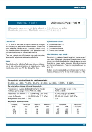 47
INDURA 11018 Clasificación AWS: E-11018-M
¥ Electrodo para aceros de baja aleaci n
¥ Corriente continua. Electrodo positivo
¥ Con hierro en polvo
¥ Toda posici n
Descripción
El 11018 es un electrodo de bajo contenido de hidróge-
no con hierro en polvo en su revestimiento. Posee una
gran velocidad de deposición y permite obtener unio-
nes de alta resistencia mecánica. Los depósitos obte-
nidos son de excelente calidad radiográfica.
Para una mejor protección de este electrodo, se entre-
ga en doble caja con envoltura de polietileno.
Usos
Este electrodo ha sido diseñado para obtener soldadu-
ras de alta eficiencia en aceros de baja aleación y alta
resistencia, como son T1, Cor-Cap y Dur-Cap.
Composición química (típica) del metal depositado:
C 0,04%; Mn 1,50%; P 0,02%; S 0,02%; Si 0,40%; Mo 0,30%; Ni 1,90%; Cr 0,25%
Características típicas del metal depositado:
Resultados de pruebas de tracción con probetas de Requerimientos según norma
metal de aporte (según norma AWS: A5.5-96): AWS: A5.5-96:
Resistencia a la tracción : 113.000 lb/pulg2
(780 MPa) 100.000 lb/pulg2
(690 MPa)
Límite de fluencia : 104.000 lb/pulg2
(717 MPa) 88-100.000 lb/pulg2
(605 MPa)
Alargamiento en 50 mm. : 23% 20%
Amperajes recomendados:
Diámetro Electrodo Longitud Electrodo Amperaje Electrodos
pulg. mm. pulg. mm. min. máx. x kg. aprox.
1/8 3,2 14 350 120 160 32
5/32 4,0 14 350 160 220 24
3/16 4,8 14 350 200 275 14
Aplicaciones típicas
• Estructuras acero T1
• Palas mecánicas
• Corazas de molinos
• Chassis maquinarias
Procedimiento para soldar
Para producir mejores depósitos, deberá usarse un arco
muy corto. El tamaño y forma del depósito se controlan
con el movimiento del electrodo, evitando alargar el arco.
Cuando se hagan varias pasadas deberá removerse
previamente la escoria. Para mayores detalles ver pá-
gina 43.
Deberá observarse cuidadosamente las recomendacio-
nes de almacenamiento de los electrodos (ver p. 16).
Manual pag 025-073 ok 1/10/02, 18:5847
 