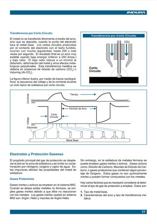 77
Transferencia por Corto Circuito
El metal no es transferido libremente a través del arco,
sino que se deposita, cuando la punta del electrodo
toca el metal base. Los cortos circuitos producidos
por el contacto del electrodo con el baño fundido,
ocurren con mucha regularidad, hasta 200 o más
veces por segundo. El resultado final es un arco muy
estable usando baja energía (inferior a 250 Amps.)
y bajo calor. El bajo calor reduce a un mínimo la
distorsión, deformación del metal y otros efectos meta-
lúrgicos perjudiciales. Esta transferencia metálica se
obtiene en presencia de dióxido de carbono (CO2
) o
Indurmig (Ar-CO2
).
La figura inferior ilustra, por medio de trazos oscilográ-
ficos, la secuencia del voltaje y de la corriente durante
un ciclo típico de soldadura por corto circuito.
Corto
Circuito
CO2
Transferencia por Corto Circuito
Electrodos y Protección Gaseosa
El propósito principal del gas de protección es despla-
zar el aire en la zona de soldadura y así evitar su conta-
minación por nitrógeno, oxígeno y vapor de agua. Es-
tas impurezas afectan las propiedades del metal de
soldadura.
Gases Protectores
Gases inertes y activos se emplean en el sistema MIG.
Cuando se desea soldar metales no ferrosos, se em-
plea gases inertes debido a que ellos no reaccionan
con los metales. Los gases inertes usados en sistema
MIG son: Argón, Helio y mezclas de Argón-Helio.
Tiempo
Corriente
cero
Electrodo
Período de Arco
Corto
Circuito
Voltaje
cero
Metal Base
Sin embargo, en la soldadura de metales ferrosos se
puede emplear gases inertes o activos. Gases activos
como: Dióxido de Carbono, Mezclas de Dióxido de Car-
bono, o gases protectores que contienen algún porcen-
taje de Oxígeno. Estos gases no son químicamente
inertes y pueden formar compuestos con los metales.
Hay varios factores que es necesario considerar al deter-
minar el tipo de gas de protección a emplear. Estos son:
1. Tipo de metal base.
2. Características del arco y tipo de transferencia me-
tálica.
Manual pag 074-085 ok 1/10/02, 18:5877
 