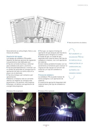 INTERIOR 82_Maquetación 1 09/01/13 17:29 Página 13




                                                                                                                        C A R R O C E R Í A




                                                                                                     w Tablas de parámetros de soldadura




         Generalmente se utiliza Argón, Helio o una     ■ Post-gas: se regula el tiempo de
         mezcla de ambos.                               aportación de gas después del final de la
                                                        soldadura para refrigerar el cordón.
                                                                                                       ACTUALMENTE LA
         Regulación del equipo                          ■ Caudal de gas: el caudal de gas
                                                                                                       SOLDADURA TIG NO
         Los equipos de soldadura TIG pueden            dependerá del material base y del tipo de
         disponer de diversas opciones de regulación.   soldadura a realizar, con o sin aportación     SE EMPLEA EN LA
         Los parámetros más habituales son:             de material.
         ■ Tipo de corriente (continua o alterna):      Existen tablas predeterminadas con los         FABRICACIÓN DE LA
         para soldadura de acero o aluminio.            parámetros orientativos para realizar la
                                                                                                       CARROCERÍA DEL
         ■ Tipo de polaridad (directa o inversa): con   regulación del equipo en función del
         el cambio de polaridad se consigue que la      material y el tipo de soldadura a              AUTOMÓVIL EN
         aportación de calor se centre más en la        realizar.
         pieza o en el electrodo.                                                                      GRANDES SERIES
         ■ Tipo de arranque: por contacto o por         Proceso de soldadura
         aproximación.                                  La soldadura TIG se puede realizar de
         ■ Balance: el balance sólo en corriente        forma autógena o con aportación de
         alterna; en negativo se consigue más           material.
         penetración, y en positivo, mas limpieza.      El material de aportación dependerá del
         ■ Rampas: se obtiene una aportación de         material base y del tipo de soldadura a
         energía más progresiva.                        realizar.


         w Soldadura TIG con aportación                 w Soldadura TIG sin aportación




                                                                CESVIMAP 82
                                                                    13
 