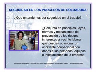 SEGURIDAD EN LOS PROCESOS DE SOLDADURA:
¿Que entendemos por seguridad en el trabajo?:
SOLDADURA MEDIANTE LOS PROCESOS: ELECTRODO REVESTIDO (SMAW), MICROALAMBRE (GMAW), Y ARCO SUMERGIDO (SAW)
¿Conjunto de principios, leyes,
normas y mecanismos de
prevención de los riesgos
inherentes al recinto laboral,
que pueden ocasionar un
accidente ocupacional con
daños a las personas, equipos
o instalaciones de la empresa.
 