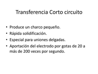 Transferencia Corto circuito
• Produce un charco pequeño.
• Rápida solidificación.
• Especial para uniones delgadas.
• Aportación del electrodo por gotas de 20 a
más de 200 veces por segundo.
 