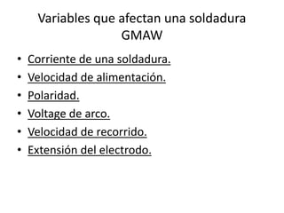 Variables que afectan una soldadura
GMAW
• Corriente de una soldadura.
• Velocidad de alimentación.
• Polaridad.
• Voltage de arco.
• Velocidad de recorrido.
• Extensión del electrodo.
 