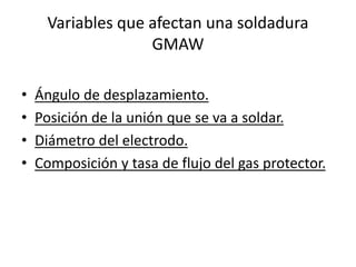 Variables que afectan una soldadura
GMAW
• Ángulo de desplazamiento.
• Posición de la unión que se va a soldar.
• Diámetro del electrodo.
• Composición y tasa de flujo del gas protector.
 