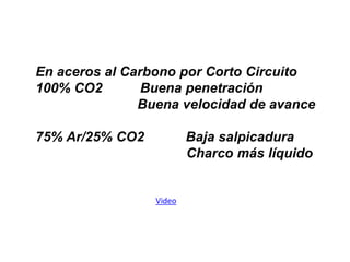 En aceros al Carbono por Corto Circuito
100% CO2 Buena penetración
Buena velocidad de avance
75% Ar/25% CO2 Baja salpicadura
Charco más líquido
Video
 