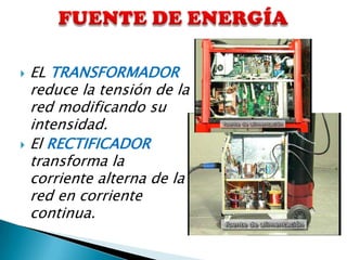  EL TRANSFORMADOR
  reduce la tensión de la
  red modificando su
  intensidad.
 El RECTIFICADOR
  transforma la
  corriente alterna de la
  red en corriente
  continua.
 