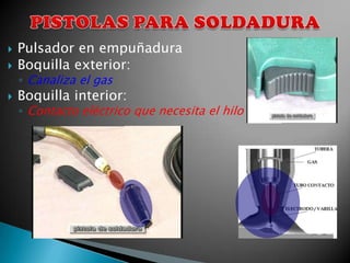    Pulsador en empuñadura
   Boquilla exterior:
    ◦ Canaliza el gas
   Boquilla interior:
    ◦ Contacto eléctrico que necesita el hilo
 