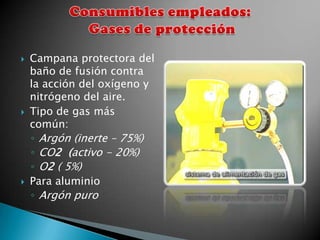    Campana protectora del
    baño de fusión contra
    la acción del oxígeno y
    nitrógeno del aire.
   Tipo de gas más
    común:
    ◦ Argón (inerte – 75%)
    ◦ CO2 (activo - 20%)
    ◦ O2 ( 5%)
   Para aluminio
    ◦ Argón puro
 