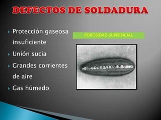    Protección gaseosa
                         POROSIDAD SUPERFICIAL
    insuficiente
   Unión sucia
   Grandes corrientes
    de aire
   Gas húmedo
 