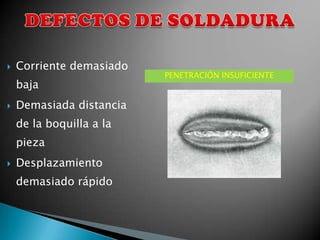    Corriente demasiado
                          PENETRACIÓN INSUFICIENTE
    baja
   Demasiada distancia
    de la boquilla a la
    pieza
   Desplazamiento
    demasiado rápido
 