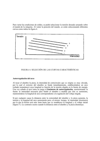 Para variar las condiciones de soldeo, se podrá seleccionar la tensión deseada actuando sobre
el mando de la máquina. Al variar la posición del mando, se están seleccionando diferentes
curvas como indica la figura 4.
FIGURA 4. SELECCIÓN DE LAS CURVAS CARACTERÍSTICAS
Autorregulación del arco
Al tocar el alambre la pieza, la intensidad de cortocircuito que se origina es muy elevada,
por lo cual el extremo del alambre se funde inmediatamente, estableciéndose un arco
(cebado instantáneo) cuya longitud es función de la tensión elegida en la fuente de energía.
Una vez cebado el arco entra en juego el fenómeno de autorregulación, suministrando la
fuente la intensidad necesaria para fundir el alambre a medida que éste se suministra,
manteniéndose la longitud de arco correspondiente a la regulación del voltaje elegida.
Si por cualquier causa la distancia entre la extremidad del alambre y la pieza aumenta, la
tensión y la longitud del arco aumentarán pero, al mismo tiempo, la intensidad disminuirá
por lo que la fusión será más lenta hasta que se restablezca la longitud y el voltaje inicial
(figura 5 ). Lo contrario ocurre cuando la distancia entre el alambre y la pieza disminuye.
 