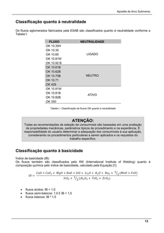 Apostila de Arco Submerso
13
Classificação quanto à neutralidade
Os fluxos aglomerados fabricados pela ESAB são classificados quanto à neutralidade conforme a
Tabela I:
FLUXO NEUTRALIDADE
OK 10.35H
LIGADO
OK 10.35
OK 10.60
OK 10.81W
OK 10.92 B
OK 10.61B
NEUTRO
OK 10.62B
OK 10.70B
OK 10.71
OK 429
OK 10.81W
ATIVO
OK 10.81B
OK 10.82B
OK 350
Tabela I - Classificação de fluxos OK quanto à neutralidade
Classificação quanto à basicidade
Índice de basicidade (IB)
Os fluxos também são classificados pelo IIW (International Institute of Welding) quanto à
composição química pelo índice de basicidade, calculado pela Equação [1]
𝐼𝐼 =
𝐶𝐶𝐶 + 𝐶𝐶𝐹2 + 𝑀𝑀𝑀 + 𝐵𝐵𝐵 + 𝑆𝑆𝑆 + 𝐿𝐿2 𝑂 + 𝐾2 𝑂 + 𝑁𝑁2 + 1
1� (𝑀𝑀𝑀 + 𝐹𝐹𝐹)
𝑆𝑆𝑂2 + 1
2� (𝐴𝐴2 𝑂3 + 𝑇𝑇𝑂2 + 𝑍𝑍𝑂2)
• fluxos ácidos: IB < 1,0
• fluxos semi-básicos: 1,0 £ IB < 1,5
• fluxos básicos: IB ³ 1,5
ATENÇÃO:
Todas as recomendações de seleção de consumíveis são baseadas em uma avaliação
de propriedades mecânicas, parâmetros típicos de procedimento e na experiência. É
responsabilidade do usuário determinar a adequação dos consumíveis à sua aplicação,
considerando os procedimentos particulares a serem aplicados e os requisitos do
trabalho específico.
 