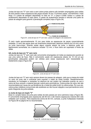 Apostila de Arco Submerso
29
Juntas de topo em "V" com nariz e sem cobre-juntas externo são também empregadas para soldas
de dois passes onde a espessura das peças excede 16 mm. O primeiro passe, normalmente o mais
largo, é o passe de selagem depositado no lado do "V"; a peça é então virada e o passe de
acabamento depositado no lado plano. O passe de acabamento penetra e refunde uma parte do
passe de selagem para garantir a penetração completa (veja a Figura 34).
Figura 34 - Junta de topo em "V" com nariz - passes de selagem e de acabamento
O nariz mede aproximadamente 10 mm para todas as espessuras de peças comercialmente
soldadas. O nariz das peças deve ser fortemente pressionado (abertura máxima de 0,8 mm) como
na junta topo-a-topo. Quando existe algum suporte abaixo da junta, a abertura pode ser
ligeiramente aumentada; se a abertura exceder 1,6 mm, o fluxo deve ser suportado à frente da
solda.
b2) Junta de topo em "V" sem nariz
Juntas de topo em "V" sem nariz são comumente empregadas em todas as espessuras quando se
usa uma cama de fluxo. Não é comumente usada em espessuras abaixo de 10 mm já que
penetrações adequadas podem ser obtidas para essas espessuras sem necessidade de
biselamento (veja a Figura 35).
Figura 35 - Junta de topo em "V" sem nariz
Juntas de topo em "V" sem nariz sempre devem ter passes de selagem, visto que a massa de metal
no nariz da junta não é suficiente para suportar o metal de solda fundido. Desalinhamentos
razoáveis na montagem e variações na abertura da raiz podem ser tolerados quando se usa a
cama de fluxo porque o material granular subirá para acomodá-los. Cobre-juntas de cobre não são
recomendados por causa de sua tendência de o metal de solda fundir no cobre-juntas. Por sua vez,
cobre-juntas metálicos consumíveis são aceitáveis se não houver objeção a sua permanência como
parte integrante da junta soldada.
c) Junta de topo em duplo "V"
Esse é o projeto básico de junta para soldas de dois passes por arco submerso (veja a Figura 36).
É comumente empregada para espessuras até 50 mm e até mesmo espessuras maiores têm sido
soldadas com sucesso. Para espessuras acima de 50 mm, contudo, a junta multipasses mostrada
na Figura 38 na página 54 é a recomendada.
Figura 36 - Junta de topo em duplo "V"
 