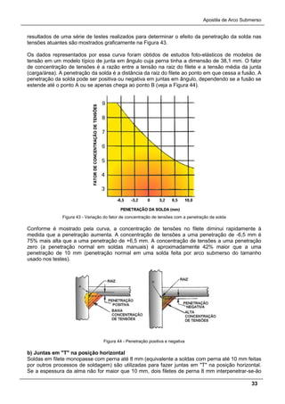 Apostila de Arco Submerso
33
resultados de uma série de testes realizados para determinar o efeito da penetração da solda nas
tensões atuantes são mostrados graficamente na Figura 43.
Os dados representados por essa curva foram obtidos de estudos foto-elásticos de modelos de
tensão em um modelo típico de junta em ângulo cuja perna tinha a dimensão de 38,1 mm. O fator
de concentração de tensões é a razão entre a tensão na raiz do filete e a tensão média da junta
(carga/área). A penetração da solda é a distância da raiz do filete ao ponto em que cessa a fusão. A
penetração da solda pode ser positiva ou negativa em juntas em ângulo, dependendo se a fusão se
estende até o ponto A ou se apenas chega ao ponto B (veja a Figura 44).
Figura 43 - Variação do fator de concentração de tensões com a penetração da solda
Conforme é mostrado pela curva, a concentração de tensões no filete diminui rapidamente à
medida que a penetração aumenta. A concentração de tensões a uma penetração de -6,5 mm é
75% mais alta que a uma penetração de +6,5 mm. A concentração de tensões a uma penetração
zero (a penetração normal em soldas manuais) é aproximadamente 42% maior que a uma
penetração de 10 mm (penetração normal em uma solda feita por arco submerso do tamanho
usado nos testes).
Figura 44 - Penetração positiva e negativa
b) Juntas em "T" na posição horizontal
Soldas em filete monopasse com perna até 8 mm (equivalente a soldas com perna até 10 mm feitas
por outros processos de soldagem) são utilizadas para fazer juntas em "T" na posição horizontal.
Se a espessura da alma não for maior que 10 mm, dois filetes de perna 8 mm interpenetrar-se-ão
 