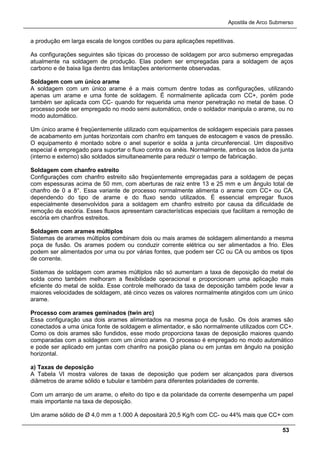Apostila de Arco Submerso
53
a produção em larga escala de longos cordões ou para aplicações repetitivas.
As configurações seguintes são típicas do processo de soldagem por arco submerso empregadas
atualmente na soldagem de produção. Elas podem ser empregadas para a soldagem de aços
carbono e de baixa liga dentro das limitações anteriormente observadas.
Soldagem com um único arame
A soldagem com um único arame é a mais comum dentre todas as configurações, utilizando
apenas um arame e uma fonte de soldagem. É normalmente aplicada com CC+, porém pode
também ser aplicada com CC- quando for requerida uma menor penetração no metal de base. O
processo pode ser empregado no modo semi automático, onde o soldador manipula o arame, ou no
modo automático.
Um único arame é freqüentemente utilizado com equipamentos de soldagem especiais para passes
de acabamento em juntas horizontais com chanfro em tanques de estocagem e vasos de pressão.
O equipamento é montado sobre o anel superior e solda a junta circunferencial. Um dispositivo
especial é empregado para suportar o fluxo contra os anéis. Normalmente, ambos os lados da junta
(interno e externo) são soldados simultaneamente para reduzir o tempo de fabricação.
Soldagem com chanfro estreito
Configurações com chanfro estreito são freqüentemente empregadas para a soldagem de peças
com espessuras acima de 50 mm, com aberturas de raiz entre 13 e 25 mm e um ângulo total de
chanfro de 0 a 8°. Essa variante de processo normalmente alimenta o arame com CC+ ou CA,
dependendo do tipo de arame e do fluxo sendo utilizados. É essencial empregar fluxos
especialmente desenvolvidos para a soldagem em chanfro estreito por causa da dificuldade de
remoção da escória. Esses fluxos apresentam características especiais que facilitam a remoção de
escória em chanfros estreitos.
Soldagem com arames múltiplos
Sistemas de arames múltiplos combinam dois ou mais arames de soldagem alimentando a mesma
poça de fusão. Os arames podem ou conduzir corrente elétrica ou ser alimentados a frio. Eles
podem ser alimentados por uma ou por várias fontes, que podem ser CC ou CA ou ambos os tipos
de corrente.
Sistemas de soldagem com arames múltiplos não só aumentam a taxa de deposição do metal de
solda como também melhoram a flexibilidade operacional e proporcionam uma aplicação mais
eficiente do metal de solda. Esse controle melhorado da taxa de deposição também pode levar a
maiores velocidades de soldagem, até cinco vezes os valores normalmente atingidos com um único
arame.
Processo com arames geminados (twin arc)
Essa configuração usa dois arames alimentados na mesma poça de fusão. Os dois arames são
conectados a uma única fonte de soldagem e alimentador, e são normalmente utilizados com CC+.
Como os dois arames são fundidos, esse modo proporciona taxas de deposição maiores quando
comparadas com a soldagem com um único arame. O processo é empregado no modo automático
e pode ser aplicado em juntas com chanfro na posição plana ou em juntas em ângulo na posição
horizontal.
a) Taxas de deposição
A Tabela VI mostra valores de taxas de deposição que podem ser alcançados para diversos
diâmetros de arame sólido e tubular e também para diferentes polaridades de corrente.
Com um arranjo de um arame, o efeito do tipo e da polaridade da corrente desempenha um papel
mais importante na taxa de deposição.
Um arame sólido de Ø 4,0 mm a 1.000 A depositará 20,5 Kg/h com CC- ou 44% mais que CC+ com
 