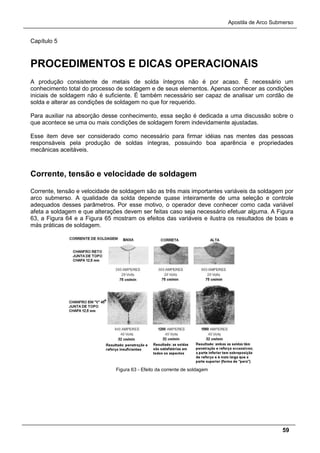 Apostila de Arco Submerso
59
Capítulo 5
PROCEDIMENTOS E DICAS OPERACIONAIS
A produção consistente de metais de solda íntegros não é por acaso. É necessário um
conhecimento total do processo de soldagem e de seus elementos. Apenas conhecer as condições
iniciais de soldagem não é suficiente. É também necessário ser capaz de analisar um cordão de
solda e alterar as condições de soldagem no que for requerido.
Para auxiliar na absorção desse conhecimento, essa seção é dedicada a uma discussão sobre o
que acontece se uma ou mais condições de soldagem forem indevidamente ajustadas.
Esse item deve ser considerado como necessário para firmar idéias nas mentes das pessoas
responsáveis pela produção de soldas íntegras, possuindo boa aparência e propriedades
mecânicas aceitáveis.
Corrente, tensão e velocidade de soldagem
Corrente, tensão e velocidade de soldagem são as três mais importantes variáveis da soldagem por
arco submerso. A qualidade da solda depende quase inteiramente de uma seleção e controle
adequados desses parâmetros. Por esse motivo, o operador deve conhecer como cada variável
afeta a soldagem e que alterações devem ser feitas caso seja necessário efetuar alguma. A Figura
63, a Figura 64 e a Figura 65 mostram os efeitos das variáveis e ilustra os resultados de boas e
más práticas de soldagem.
Figura 63 - Efeito da corrente de soldagem
 