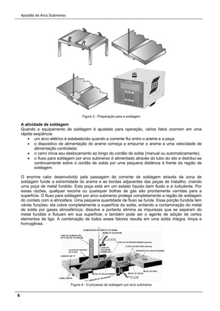 Apostila de Arco Submerso
6
Figura 3 - Preparação para a soldagem
A atividade de soldagem
Quando o equipamento de soldagem é ajustado para operação, vários fatos ocorrem em uma
rápida seqüência:
• um arco elétrico é estabelecido quando a corrente flui entre o arame e a peça;
• o dispositivo de alimentação do arame começa a empurrar o arame a uma velocidade de
alimentação controlada;
• o carro inicia seu deslocamento ao longo do cordão de solda (manual ou automaticamente);
• o fluxo para soldagem por arco submerso é alimentado através do tubo do silo e distribui-se
continuamente sobre o cordão de solda por uma pequena distância à frente da região de
soldagem.
O enorme calor desenvolvido pela passagem da corrente de soldagem através da zona de
soldagem funde a extremidade do arame e as bordas adjacentes das peças de trabalho, criando
uma poça de metal fundido. Esta poça está em um estado líquido bem fluido e é turbulenta. Por
essas razões, qualquer escória ou quaisquer bolhas de gás são prontamente varridas para a
superfície. O fluxo para soldagem por arco submerso protege completamente a região de soldagem
do contato com a atmosfera. Uma pequena quantidade de fluxo se funde. Essa porção fundida tem
várias funções: ela cobre completamente a superfície da solda, evitando a contaminação do metal
de solda por gases atmosféricos; dissolve e portanto elimina as impurezas que se separam do
metal fundido e flutuam em sua superfície; e também pode ser o agente de adição de certos
elementos de liga. A combinação de todos esses fatores resulta em uma solda íntegra, limpa e
homogênea.
Figura 4 - O processo de soldagem por arco submerso
 