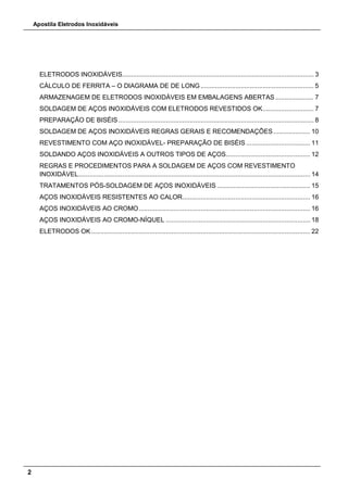 Apostila Eletrodos Inoxidáveis
2
ELETRODOS INOXIDÁVEIS......................................................................................................... 3
CÁLCULO DE FERRITA – O DIAGRAMA DE DE LONG.............................................................. 5
ARMAZENAGEM DE ELETRODOS INOXIDÁVEIS EM EMBALAGENS ABERTAS ..................... 7
SOLDAGEM DE AÇOS INOXIDÁVEIS COM ELETRODOS REVESTIDOS OK............................ 7
PREPARAÇÃO DE BISÉIS ........................................................................................................... 8
SOLDAGEM DE AÇOS INOXIDÁVEIS REGRAS GERAIS E RECOMENDAÇÕES .................... 10
REVESTIMENTO COM AÇO INOXIDÁVEL- PREPARAÇÃO DE BISÉIS ................................... 11
SOLDANDO AÇOS INOXIDÁVEIS A OUTROS TIPOS DE AÇOS.............................................. 12
REGRAS E PROCEDIMENTOS PARA A SOLDAGEM DE AÇOS COM REVESTIMENTO
INOXIDÁVEL............................................................................................................................... 14
TRATAMENTOS PÓS-SOLDAGEM DE AÇOS INOXIDÁVEIS ................................................... 15
AÇOS INOXIDÁVEIS RESISTENTES AO CALOR...................................................................... 16
AÇOS INOXIDÁVEIS AO CROMO.............................................................................................. 16
AÇOS INOXIDÁVEIS AO CROMO-NÍQUEL ............................................................................... 18
ELETRODOS OK........................................................................................................................ 22
 