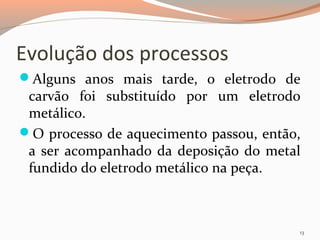 Evolução dos processos
Alguns anos mais tarde, o eletrodo de

carvão foi substituído por um eletrodo
metálico.
O processo de aquecimento passou, então,
a ser acompanhado da deposição do metal
fundido do eletrodo metálico na peça.

13

 