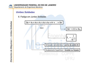 UNIVERSIDADE FEDERAL DO RIO DE JANEIRO
Departamento de Engenharia Mecânica
ElementosdeMáquinasI–UniõesSoldadas
Uniões Soldadas
6. Fadiga em Juntas Soldadas
Se = ka x kb x kc x kd x ke x kf x ... x Se’
Se’ = 0.5 x Sut
*
1
kf
ke
=
Acabamento Superficial = fundido ou forjado
dimensão característica = perna da solda (h)
Idem
 
