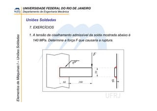 UNIVERSIDADE FEDERAL DO RIO DE JANEIRO
Departamento de Engenharia Mecânica
ElementosdeMáquinasI–UniõesSoldadas
Uniões Soldadas
7. EXERCÍCIOS
1. A tensão de cisalhamento admissível da solda mostrada abaixo é
140 MPa. Determine a força F que causaria a ruptura.
6
F
60 100
50
10
 