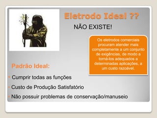 Eletrodo Ideal ??
                             NÃO EXISTE!
                                      Os eletrodos comerciais
                                      procuram atender mais
                                   completamente a um conjunto
                                     de exigências, de modo a
                                      torná-los adequados a
                                    determinadas aplicações, a
 Padrão Ideal:                          um custo razoável.

• Cumprir todas as funções
• Custo de Produção Satisfatório
• Não possuir problemas de conservação/manuseio
 