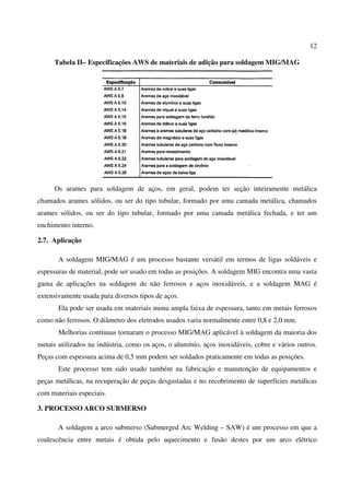 12
Tabela II– Especificações AWS de materiais de adição para soldagem MIG/MAG
Os arames para soldagem de aços, em geral, podem ter seção inteiramente metálica
chamados arames sólidos, ou ser do tipo tubular, formado por uma camada metálica, chamados
arames sólidos, ou ser do tipo tubular, formado por uma camada metálica fechada, e ter um
enchimento interno.
2.7. Aplicação
A soldagem MIG/MAG é um processo bastante versátil em termos de ligas soldáveis e
espessuras de material, pode ser usado em todas as posições. A soldagem MIG encontra uma vasta
gama de aplicações na soldagem de não ferrosos e aços inoxidáveis, e a soldagem MAG é
extensivamente usada para diversos tipos de aços.
Ela pode ser usada em materiais numa ampla faixa de espessura, tanto em metais ferrosos
como não ferrosos. O diâmetro dos eletrodos usados varia normalmente entre 0,8 e 2,0 mm.
Melhorias contínuas tornaram o processo MIG/MAG aplicável à soldagem da maioria dos
metais utilizados na indústria, como os aços, o alumínio, aços inoxidáveis, cobre e vários outros.
Peças com espessura acima de 0,5 mm podem ser soldados praticamente em todas as posições.
Este processo tem sido usado também na fabricação e manutenção de equipamentos e
peças metálicas, na recuperação de peças desgastadas e no recobrimento de superfícies metálicas
com materiais especiais.
3. PROCESSO ARCO SUBMERSO
A soldagem a arco submerso (Submerged Arc Welding – SAW) é um processo em que a
coalescência entre metais é obtida pelo aquecimento e fusão destes por um arco elétrico
 