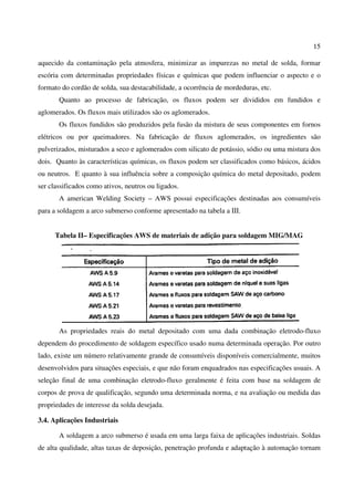 15
aquecido da contaminação pela atmosfera, minimizar as impurezas no metal de solda, formar
escória com determinadas propriedades físicas e químicas que podem influenciar o aspecto e o
formato do cordão de solda, sua destacabilidade, a ocorrência de mordeduras, etc.
Quanto ao processo de fabricação, os fluxos podem ser divididos em fundidos e
aglomerados. Os fluxos mais utilizados são os aglomerados.
Os fluxos fundidos são produzidos pela fusão da mistura de seus componentes em fornos
elétricos ou por queimadores. Na fabricação de fluxos aglomerados, os ingredientes são
pulverizados, misturados a seco e aglomerados com silicato de potássio, sódio ou uma mistura dos
dois. Quanto às características químicas, os fluxos podem ser classificados como básicos, ácidos
ou neutros. E quanto à sua influência sobre a composição química do metal depositado, podem
ser classificados como ativos, neutros ou ligados.
A american Welding Society – AWS possui especificações destinadas aos consumíveis
para a soldagem a arco submerso conforme apresentado na tabela a III.
Tabela II– Especificações AWS de materiais de adição para soldagem MIG/MAG
As propriedades reais do metal depositado com uma dada combinação eletrodo-fluxo
dependem do procedimento de soldagem específico usado numa determinada operação. Por outro
lado, existe um número relativamente grande de consumíveis disponíveis comercialmente, muitos
desenvolvidos para situações especiais, e que não foram enquadrados nas especificações usuais. A
seleção final de uma combinação eletrodo-fluxo geralmente é feita com base na soldagem de
corpos de prova de qualificação, segundo uma determinada norma, e na avaliação ou medida das
propriedades de interesse da solda desejada.
3.4. Aplicações Industriais
A soldagem a arco submerso é usada em uma larga faixa de aplicações industriais. Soldas
de alta qualidade, altas taxas de deposição, penetração profunda e adaptação à automação tornam
 