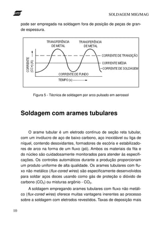 SOLDAGEM MIG/MAG

     pode ser empregada na soldagem fora de posição de peças de gran-
     de espessura.




           Figura 5 - Técnica de soldagem por arco pulsado em aerossol




     Soldagem com arames tubulares

         O arame tubular é um eletrodo contínuo de seção reta tubular,
     com um invólucro de aço de baixo carbono, aço inoxidável ou liga de
     níquel, contendo desoxidantes, formadores de escória e estabilizado-
     res de arco na forma de um fluxo (pó). Ambos os materiais da fita e
     do núcleo são cuidadosamente monitorados para atender às especifi-
     cações. Os controles automáticos durante a produção proporcionam
     um produto uniforme de alta qualidade. Os arames tubulares com flu-
     xo não metálico (flux-cored wires) são especificamente desenvolvidos
     para soldar aços doces usando como gás de proteção o dióxido de
     carbono (CO2) ou misturas argônio - CO2.
          A soldagem empregando arames tubulares com fluxo não metáli-
     co (flux-cored wires) oferece muitas vantagens inerentes ao processo
     sobre a soldagem com eletrodos revestidos. Taxas de deposição mais

10
 