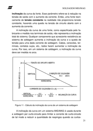 SOLDAGEM MIG/MAG

inclinação da curva da fonte. Esse parâmetro refere-se à redução na
tensão de saída com o aumento da corrente. Então, uma fonte teori-
camente de tensão constante na realidade não proporciona tensão
constante, havendo uma queda na tensão de circuito aberto com o
aumento da corrente.
     A inclinação da curva de uma fonte, como especificada pelo fa-
bricante e medida nos terminais de saída, não representa a inclinação
total do sistema. Qualquer componente que acrescente resistência ao
sistema de soldagem aumenta a inclinação da curva e a queda de
tensão para uma dada corrente de soldagem. Cabos, conexões, ter-
minais, contatos sujos, etc., todos fazem aumentar a inclinação da
curva. Por isso, em um sistema de soldagem, a inclinação da curva
deve ser medida no arco.




   Figura 11 - Cálculo da inclinação da curva de um sistema de soldagem

    A inclinação da curva em um sistema MIG/MAG é usada durante
a soldagem por curto-circuito para limitar a corrente de curto-circuito
de tal modo a reduzir a quantidade de respingos quando os curtos-
                                                                          21
 