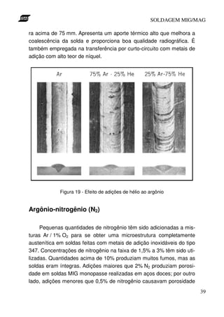 SOLDAGEM MIG/MAG

ra acima de 75 mm. Apresenta um aporte térmico alto que melhora a
coalescência da solda e proporciona boa qualidade radiográfica. É
também empregada na transferência por curto-circuito com metais de
adição com alto teor de níquel.




             Figura 19 - Efeito de adições de hélio ao argônio


Argônio-nitrogênio (N2)

     Pequenas quantidades de nitrogênio têm sido adicionadas a mis-
turas Ar / 1% O2 para se obter uma microestrutura completamente
austenítica em soldas feitas com metais de adição inoxidáveis do tipo
347. Concentrações de nitrogênio na faixa de 1,5% a 3% têm sido uti-
lizadas. Quantidades acima de 10% produziam muitos fumos, mas as
soldas eram íntegras. Adições maiores que 2% N2 produziam porosi-
dade em soldas MIG monopasse realizadas em aços doces; por outro
lado, adições menores que 0,5% de nitrogênio causavam porosidade
                                                                        39
 