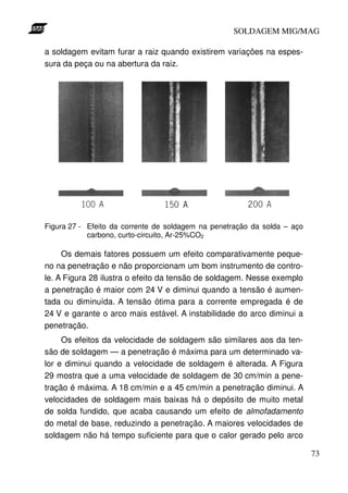 SOLDAGEM MIG/MAG

a soldagem evitam furar a raiz quando existirem variações na espes-
sura da peça ou na abertura da raiz.




Figura 27 - Efeito da corrente de soldagem na penetração da solda – aço
            carbono, curto-circuito, Ar-25%CO2

     Os demais fatores possuem um efeito comparativamente peque-
no na penetração e não proporcionam um bom instrumento de contro-
le. A Figura 28 ilustra o efeito da tensão de soldagem. Nesse exemplo
a penetração é maior com 24 V e diminui quando a tensão é aumen-
tada ou diminuída. A tensão ótima para a corrente empregada é de
24 V e garante o arco mais estável. A instabilidade do arco diminui a
penetração.
     Os efeitos da velocidade de soldagem são similares aos da ten-
são de soldagem — a penetração é máxima para um determinado va-
lor e diminui quando a velocidade de soldagem é alterada. A Figura
29 mostra que a uma velocidade de soldagem de 30 cm/min a pene-
tração é máxima. A 18 cm/min e a 45 cm/min a penetração diminui. A
velocidades de soldagem mais baixas há o depósito de muito metal
de solda fundido, que acaba causando um efeito de almofadamento
do metal de base, reduzindo a penetração. A maiores velocidades de
soldagem não há tempo suficiente para que o calor gerado pelo arco

                                                                          73
 