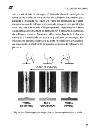 SOLDAGEM MIG/MAG

são e a velocidade de soldagem. O efeito da alteração do ângulo da
tocha ou de mudar de uma técnica de soldagem empurrando para
puxando é mostrado na Figura 30. Pode ser observado que geral-
mente a técnica de soldagem empurrando assegura uma penetração
mais rasa que a técnica de soldagem puxando. A penetração máxima
é alcançada com um ângulo de tocha de 25° e aplicando-se a técnica
de soldagem puxando. Entretanto, além desse ângulo de tocha, au-
mentarão a instabilidade do arco e a quantidade de respingos. Em
materiais de pequena espessura ou onde for necessária uma peque-
na penetração, é geralmente empregada a técnica de soldagem em-
purrando.




 Figura 30 - Efeito da posição longitudinal da tocha na penetração da solda




                                                                              75
 
