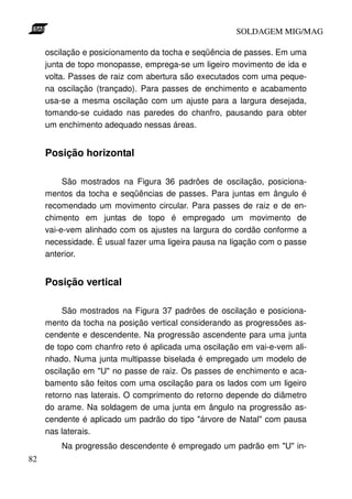 SOLDAGEM MIG/MAG

     oscilação e posicionamento da tocha e seqüência de passes. Em uma
     junta de topo monopasse, emprega-se um ligeiro movimento de ida e
     volta. Passes de raiz com abertura são executados com uma peque-
     na oscilação (trançado). Para passes de enchimento e acabamento
     usa-se a mesma oscilação com um ajuste para a largura desejada,
     tomando-se cuidado nas paredes do chanfro, pausando para obter
     um enchimento adequado nessas áreas.


     Posição horizontal

          São mostrados na Figura 36 padrões de oscilação, posiciona-
     mentos da tocha e seqüências de passes. Para juntas em ângulo é
     recomendado um movimento circular. Para passes de raiz e de en-
     chimento em juntas de topo é empregado um movimento de
     vai-e-vem alinhado com os ajustes na largura do cordão conforme a
     necessidade. É usual fazer uma ligeira pausa na ligação com o passe
     anterior.


     Posição vertical

          São mostrados na Figura 37 padrões de oscilação e posiciona-
     mento da tocha na posição vertical considerando as progressões as-
     cendente e descendente. Na progressão ascendente para uma junta
     de topo com chanfro reto é aplicada uma oscilação em vai-e-vem ali-
     nhado. Numa junta multipasse biselada é empregado um modelo de
     oscilação em "U" no passe de raiz. Os passes de enchimento e aca-
     bamento são feitos com uma oscilação para os lados com um ligeiro
     retorno nas laterais. O comprimento do retorno depende do diâmetro
     do arame. Na soldagem de uma junta em ângulo na progressão as-
     cendente é aplicado um padrão do tipo "árvore de Natal" com pausa
     nas laterais.
         Na progressão descendente é empregado um padrão em "U" in-
82
 