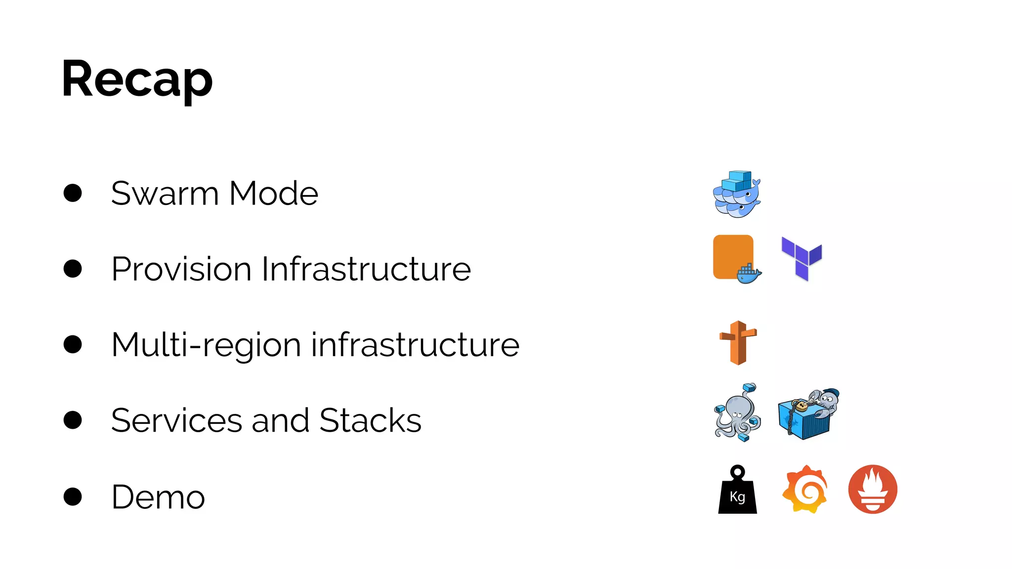 ● Services and Stacks
Recap
● Swarm Mode
● Multi-region infrastructure
● Provision Infrastructure
● Demo
 
